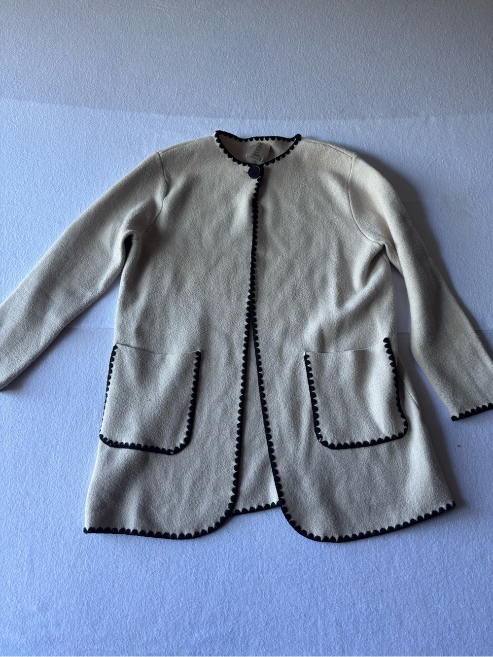 Sioni Cream Longline Jacket with Black Trim